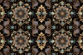 background of Medallions, rosettes and mandalas golden tapestry pattern. Pattern mirrored repeat duplicates background. Generative