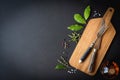 Background for the menu. Wooden board, antique cutlery, condiments and olive oil. Copy space