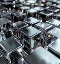 A background of metallic cubes arranged in an array, creating the illusion that they form a large structure or surface.