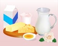 Background with milk butter cheese, eggs and yoghu