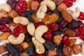 Background of mix of different nuts and dried fruits closeup Royalty Free Stock Photo