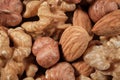 Background from a mixture of nuts of almonds, hazelnuts and walnuts. Close-up. Top view. Space for lettering and design Royalty Free Stock Photo