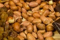 Background of mixture of nuts and raisins, closeup
