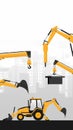 Background for mobile with yellow heavy machinery of backhoe and telescopic crane with buildings under construction on gray