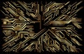 Background of modern interconnected circuit board digital technology pattern chimp component gold in black