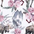 Background with moose and Siberian plants. Seamless pattern. Royalty Free Stock Photo