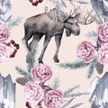 Background with moose and Siberian plants. Seamless pattern. Royalty Free Stock Photo