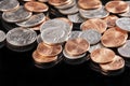 Background of  most common American coins on black background Royalty Free Stock Photo