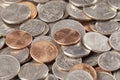 Background of  most common American coins. Pennies, Dimes, Nickels, Quarters Royalty Free Stock Photo