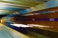 Background of motion blur of speed train in the subway. Underground vehicle dynamic motion.