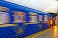 Background of motion blur of speed train in the subway. Underground vehicle dynamic motion.