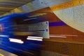 Background of motion blur of speed train in the subway. Underground vehicle dynamic motion.