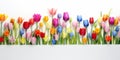 Background of multicolored tulips of various shapes on a white background