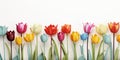 Background of multicolored tulips of various shapes on a white background