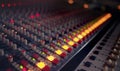 Background of music mixer, sound board and production in radio industry, broadcast or scales in studio. DJ equipment Royalty Free Stock Photo