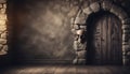 Background of mystical dark interior of medieval room with large wooden door and skull on table against an ancient stone wall. Royalty Free Stock Photo