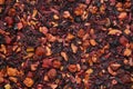 Background of fruit tea with hibiscus petals, fruit slices and berries. Fruit tea texture. Top view, flat lay