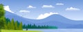 Background with natural landscape with mountains, coniferous woods, lake and deer in silhouette. Illustration.