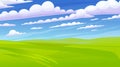 Background Nature landscape with cloudy sky, hills and grass on foreground. Cartoon meadow scenery Royalty Free Stock Photo