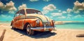 road retro beach travel tropical trip summer vintage car vacation. Generative AI. Royalty Free Stock Photo