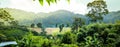 background, nature, sunlight, foggy mountain landscape with sunbeam through hill