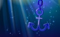 Background Nautical Anchor 3d blue, rounded plastic realistic toy. Banner ship equipment, illustration marine heraldry. Design