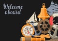 Background with nautical symbols and items.