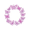 Background with neon butterfly wreath. Bright glowing shiny butterfly frame on black background Royalty Free Stock Photo