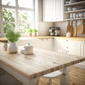 Background of new modern interior of small cozy light kitchen. Design of white clean room with wooden table. Generative Royalty Free Stock Photo