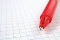 Background about new school year with place for text. Red pen and grid copybook sheet closeup. White backdrop for September 1 with