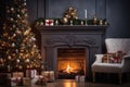 Background for New Year's greetings or Christmas. Fireplace and tree decorated with gifts, present boxes, candles. Royalty Free Stock Photo