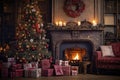 Background for New Year's greetings or Christmas. Fireplace and tree decorated with gifts, present boxes, candles. Royalty Free Stock Photo