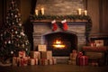 Background for New Year's greetings or Christmas. Fireplace and tree decorated with gifts, present boxes, candles. Royalty Free Stock Photo