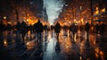 background of a night city avenue with blurred images of illumination and silhouettes of people. motion and blur