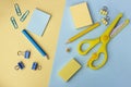 School accessories on soft blue background. Back to school concept. Creativity for kids. Colorful school background. top view, cop Royalty Free Stock Photo