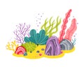 Background with ocean bottom, corals reefs, seaweed. Vector abstract illustration of an underwater landscape in a Royalty Free Stock Photo