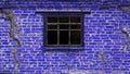 Background of an old brick house with a wooden window. The wall is brick blue with cracks and a window Royalty Free Stock Photo