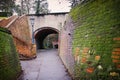 Background of old brick wall covered with moss in the street Royalty Free Stock Photo