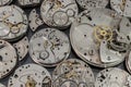 Background from old clockwork mechanisms. Gear wheels, pulleys, mechanical watch parts. Macro photography. Full focus. The concept Royalty Free Stock Photo