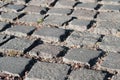 Background of old cobblestone road. Selective focus. Detail shot Royalty Free Stock Photo