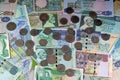Background of old Libyan money banknote bills and coins of different eras from the kingdom to Jamahiriya of Libya times, vintage