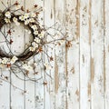 on background of old painted boards an Easter wreath with many decorative elements Royalty Free Stock Photo