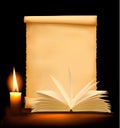 Background with old paper, candle and open book. Royalty Free Stock Photo