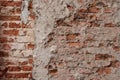 Old vintage dirty brick wall with peeling plaster, background, texture close up. Shabby building facade with damaged plaster. Royalty Free Stock Photo