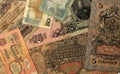 Background from old vintage various banknotes. Collectible retro banknotes from different countries