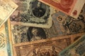 Background from old vintage various banknotes. Collectible retro banknotes from different countries