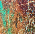 Background of an old wall covered in blue and red paint. Rusty metal surface. Grunge texture Royalty Free Stock Photo