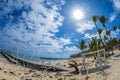 Background with old wooden dock and beach in Punta Cana, Dominican Republic