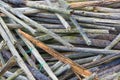 Background of old wooden stakes with green deposits