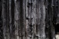 Background from old worn darkened from time to time gray knotty vertical wooden plank close up